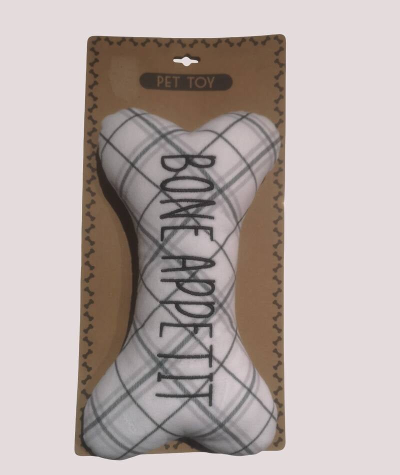 Peluche sonore en forme d'os pour chien, Carreaux gris, texte Bone Appetit