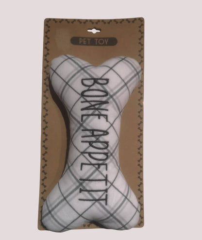 Peluche sonore en forme d'os pour chien, Carreaux gris, texte Bone Appetit