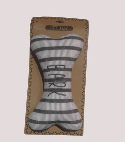 Peluche sonore en forme d'os pour chien, Rayures grises, texte Bark